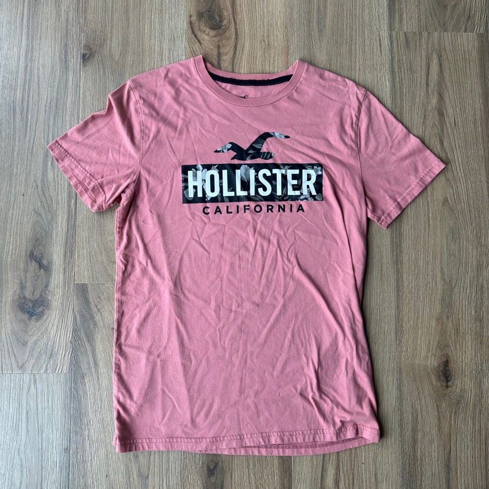 Hollister California Mens Graphic T-Shirt Pink Floral Logo Cotton Y2K Size M